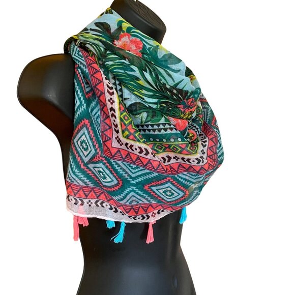 Charming Charlie Scarf Colorfal Floral Design Tassels Beach Wrap Headscarf - Picture 2 of 6